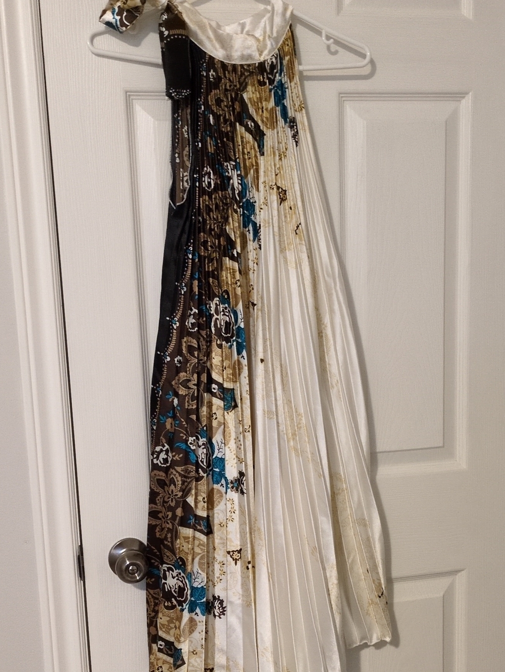 Pleated Floral Midi Dress in White, Brown and Teal